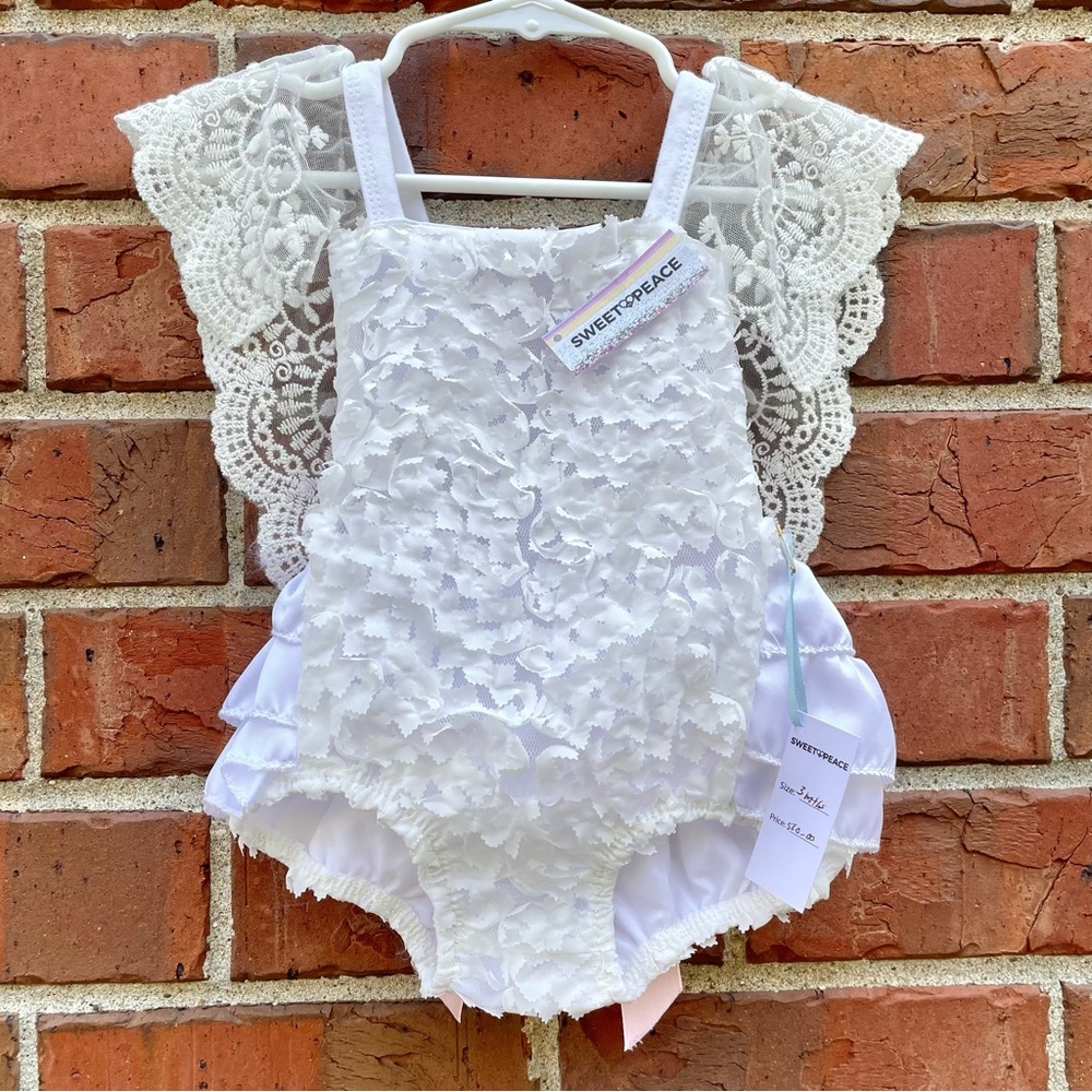 White Floral Baby Onesie Lace Ruffle Bodysuit with Pink Ribbon and Headband